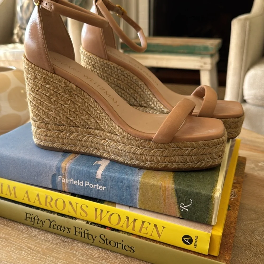 Stuart Weitzman Tan Espadrille Wedge Sandals